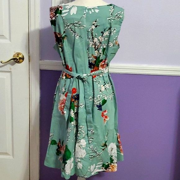 Owin Teal Green Floral Jackie O 60s Sleeveless Fit & Flare Pinup Midi Dress - Picture 7 of 11